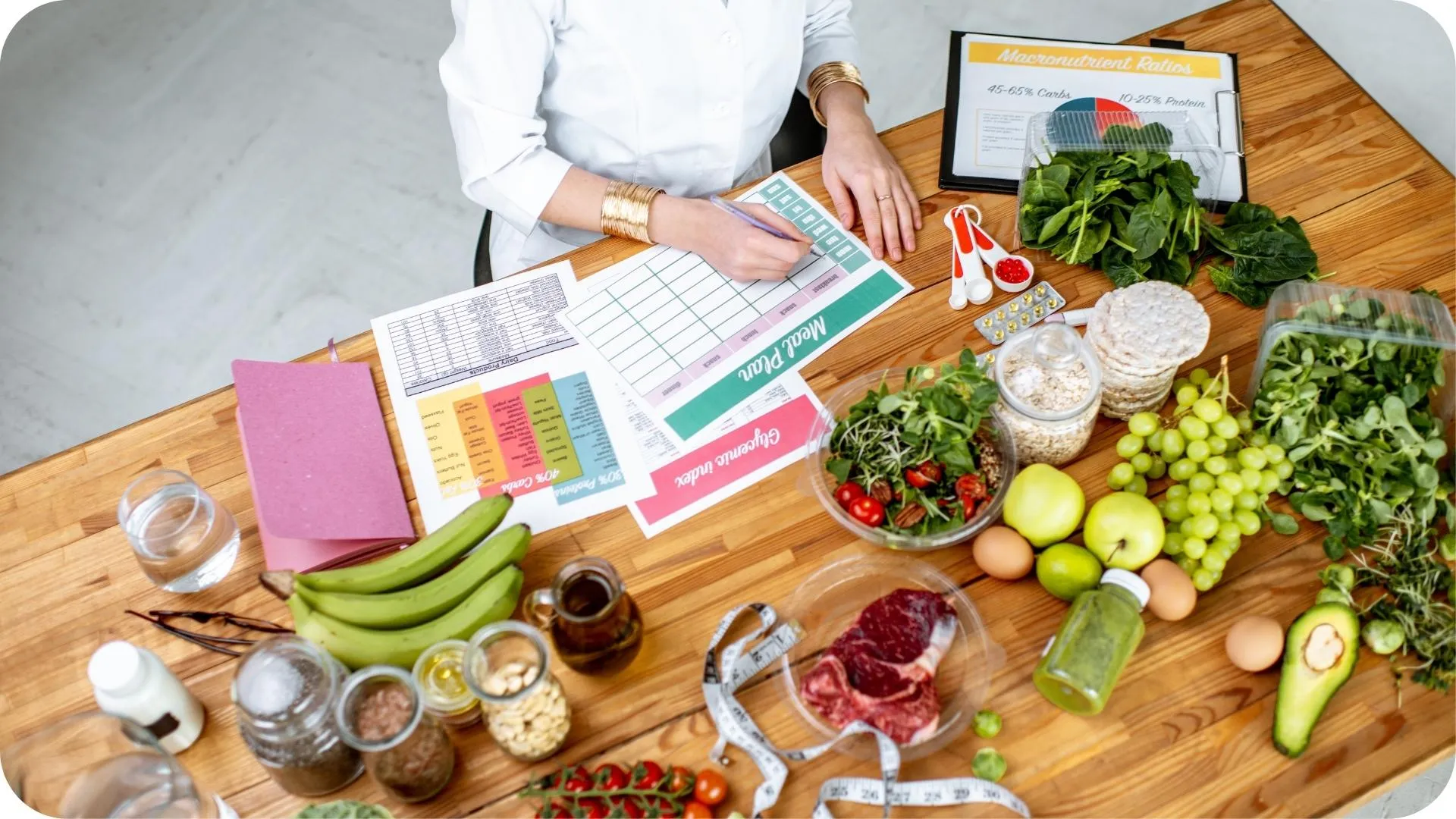 Overhead flat-lay of prepared bowls and fresh ingredients